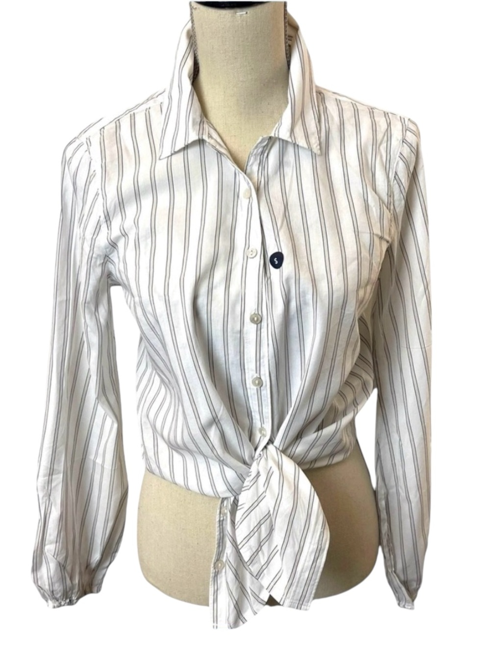 NWOT A&F White/Tan/Navy Stripe Button Front Long Sleeve Shirt (S)